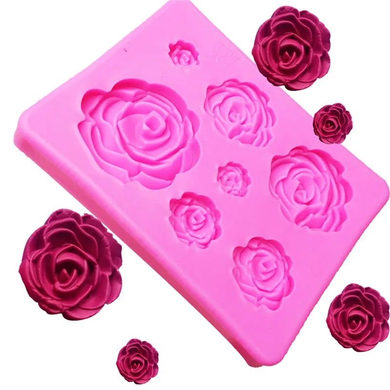 

Розовый 7 даже розы Форма 3D торта силикона прессформы Fondant (сахарная) Матрица для рельефного тиснения Кухня пирог торт лоток