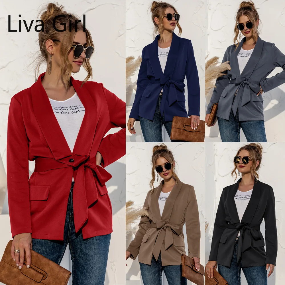 

2021 New Women Blazers Office Work Suit Sashes Casual Spring Autumn Solid Color Red Black Suit Ladies Fashion Loose Blazer Top