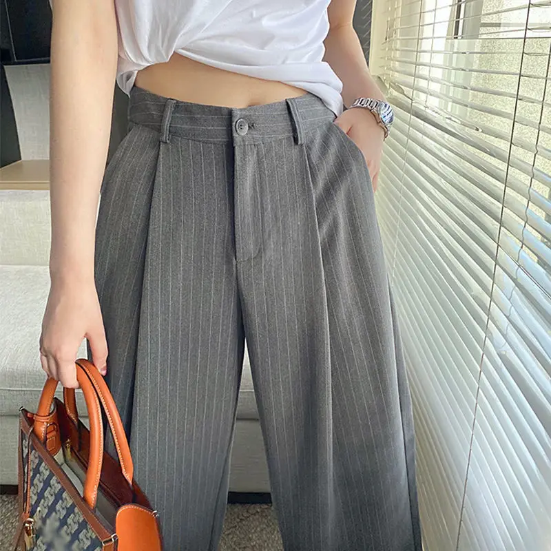 

Striped Pants Women Wide Leg Pleated OL Cool Elegant High Waist Full Length Leisure Summer Classic Ins Trousers All-match Female
