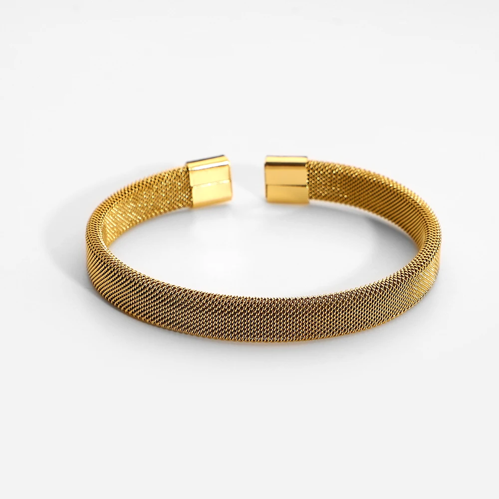 

New Gold Plated Tarnish Free Stainless Steel Woven Mesh Open Bracelet Bangle for Women Girl Fashion Jewelry Gift