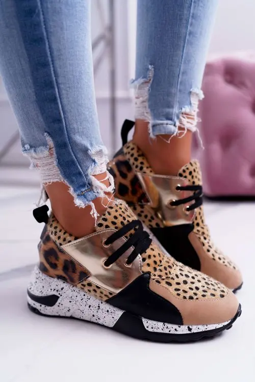 

2020 New Women Casual Shoes Breathable Ladies Sneakers Leopard Print Faux Fur Sneakers Lace-up Platform Sports Shoes Women