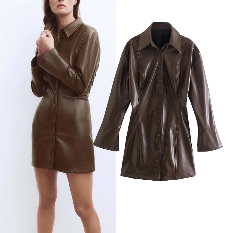 

Модное облегающее женское платье Za из искусственной кожи, новинка 2021, модное элегантное осеннее платье в стиле ретро, женское повседневное ...