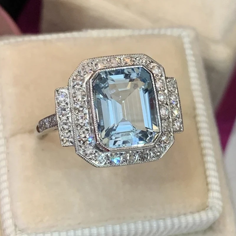 

Princess Ring Sea Blue Zircon Noble Engagement Party Ladies Rings Fashion Jewelry Exquisite Bijoux Accessories for Girlfriend