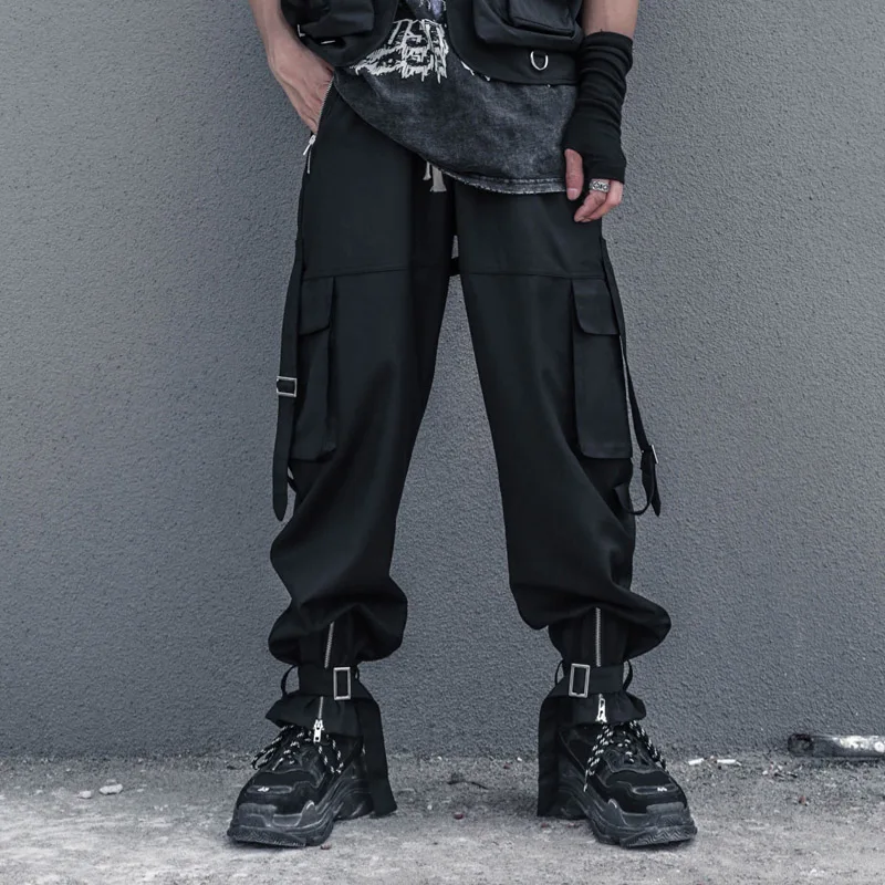 Men's Casual Pants Spring And Autumn New Solid Color Loose Webbed Buckle Zipper Side Pocket Design Functional Straight Leg Pants
