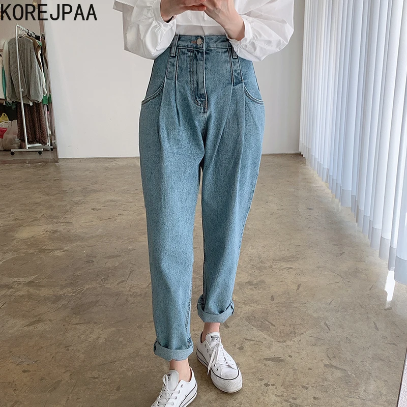 

Корейские женские брюки 2021 летние корейские шикарные подходящие ко всему джинсы с высокой талией и двумя карманами тонкие складки моющиеся...