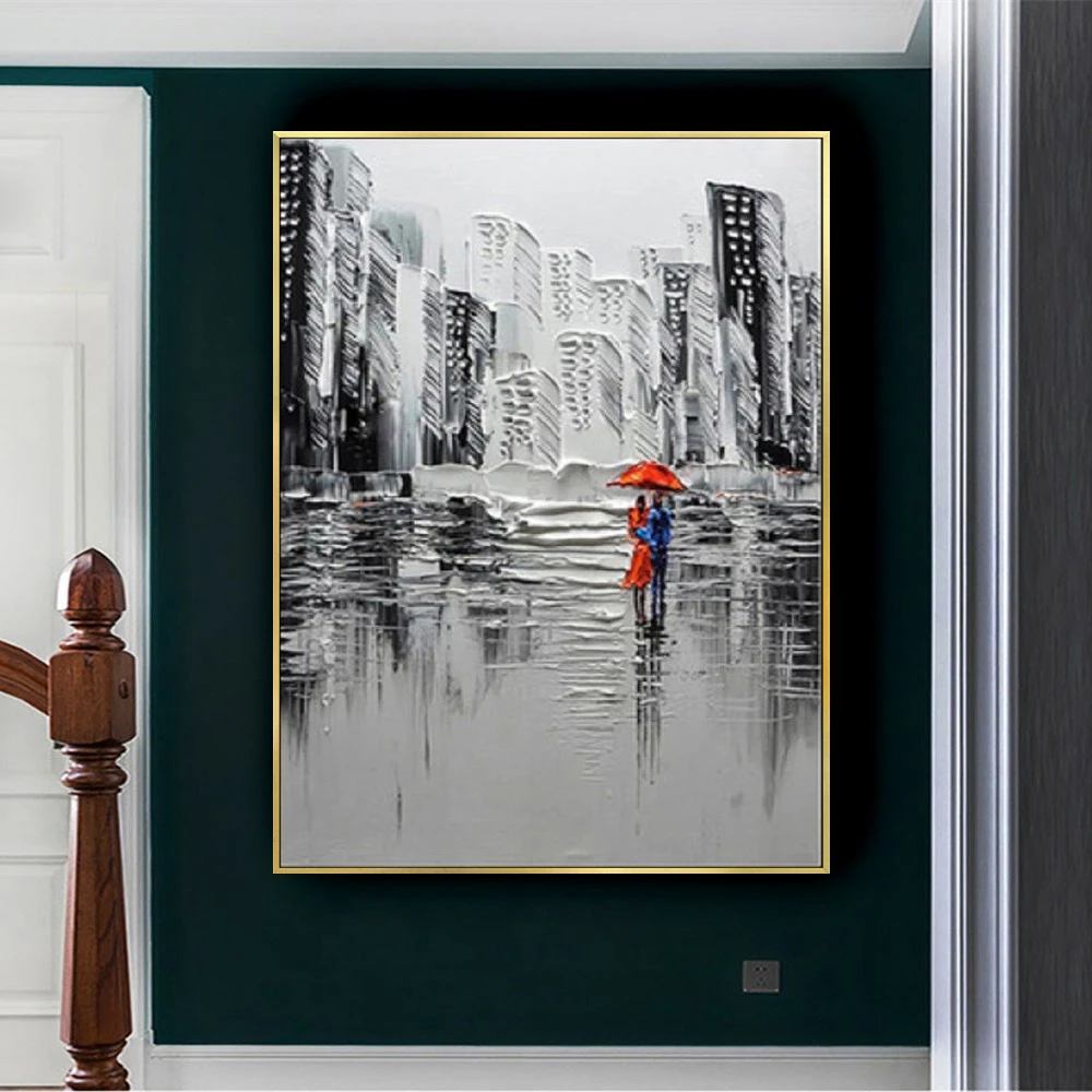 

Free Shipping Hand Painted Couple Walking In The Rain Oil Painting Home Decoration Modern Abstract Acrylic Paintings No Framed