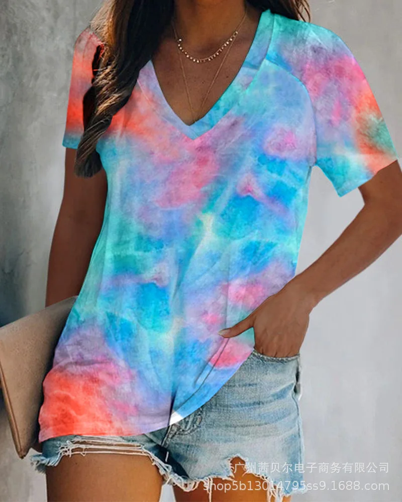 

Women T Shirt Top Tee Short Sleeve V-neck Fashion Tie Dye Women's T-shirt Top Summer Casual