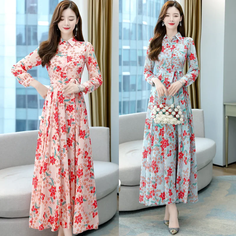 

Женское шифоновое платье с цветочным принтом и стоячим воротником размера плюс, женские модные длинные платья с длинным рукавом, весна-осен...