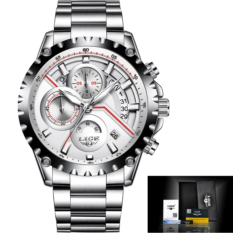 Silver white LIGE мужские наручные часы модные спортивные кварцевые часы мужские s лучший бренд класса люкс полный стальной Бизнес водонепроницаемые часы в стиле кэжуал Masculino - Цвет: Silver white