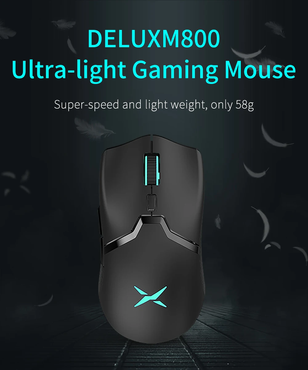 6 Botones para computadora portátil DELUX Mouse para Juegos ergonómico Ultraligero 12400 dpi M800BU 3327 programable 