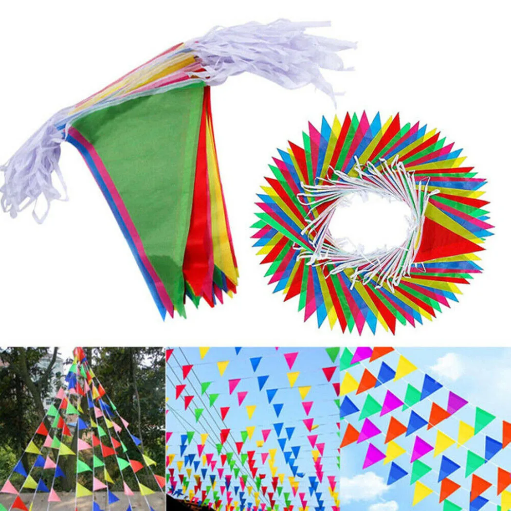 

100M Multicolored Triangle Flags Party Hanging Bunting Banner Pennant Festival Outdoor Garden Wedding Shop Street Decoration