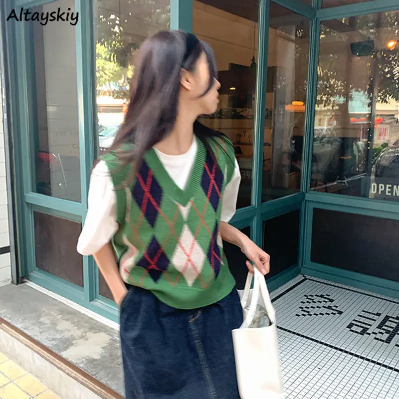 

Sweater Vest Women Argyle Green Vintage Loose V-neck All-match Fashion Harajuku Autumn Casual Knitted Sleeveless Korean Clothing