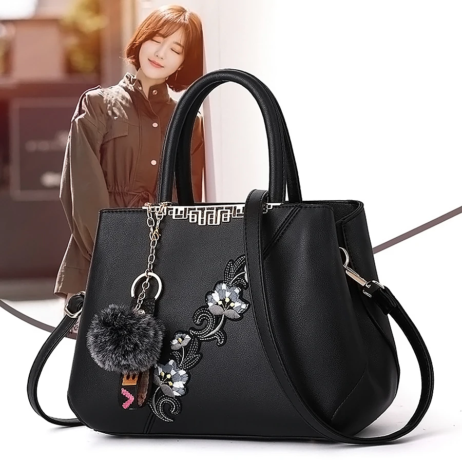 

Women bag 2020 Embroidery PU Leather Handbag for Women Girl Messenger Bags with Ball Toy Female Shoulder Bags Ladies Party bag