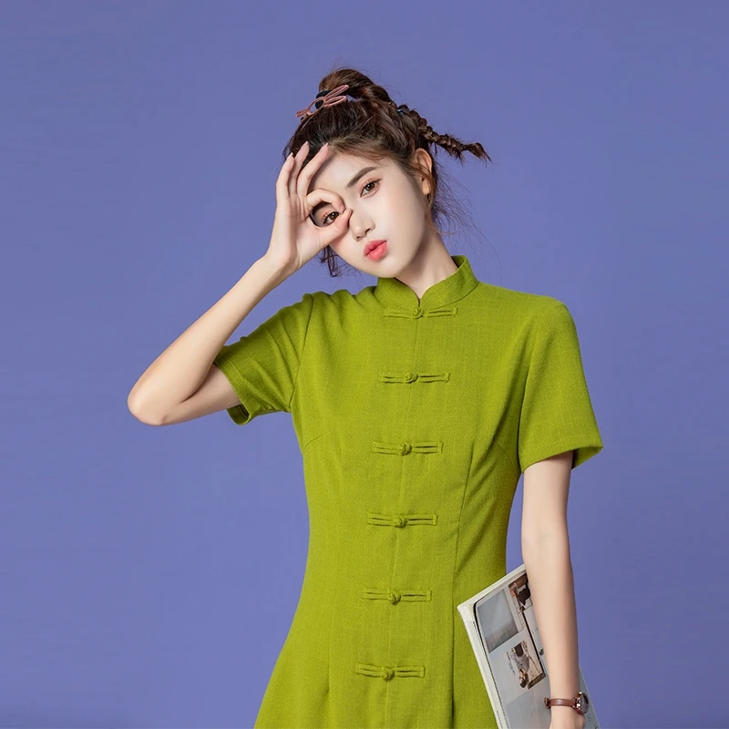 Зеленое авокадо улучшенное свежее и тонкое платье Ципао Новинка лета женское