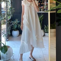 2021 summer women kawaii round neck white dress korean style new fashion irregular ladies solid color loose casual long dresses