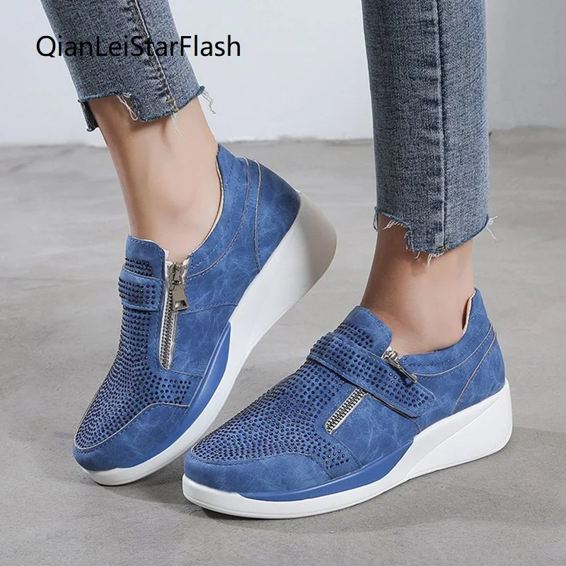 

Plus Size 35-43 Winter Autumn Women Sneakers Bling Crystal Wedges Casual Shoes Zip Sport Flat High Top Chunky Leisure Shoe