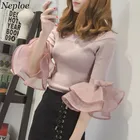 Neploe корейские модные сексуальные женские свитера с воротником-лодочкой 2022 Новые пуловеры в стиле пэчворк с расклешенными рукавами с бантом уличная одежда трикотажная одежда 66934
