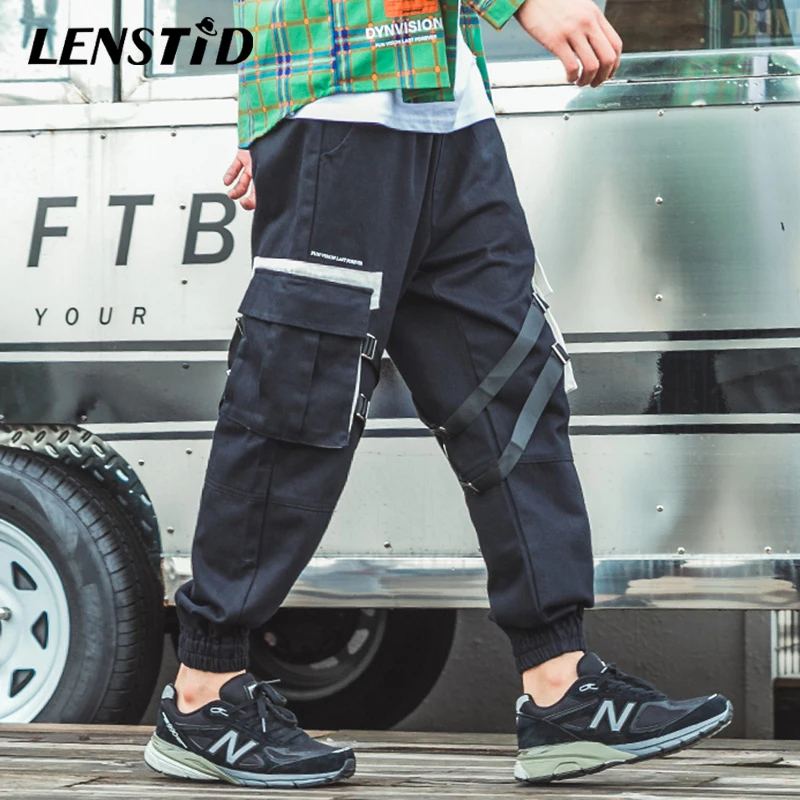 LENSTID Harajuku хип карго брюки уличная мужские джоггеры 2019 лента большие шаровары с