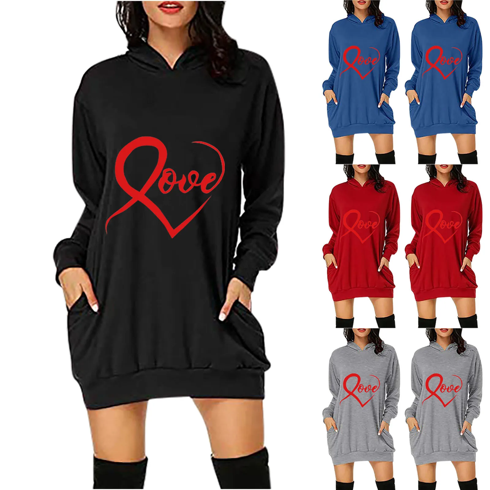 

Dress Women Ladies Love Printed Hooded Buttocks Pocket Fashion And Comfortable Dresses Valentine's Day 2021 New Autumn Winter