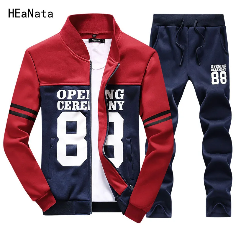 Red Navy Спортивные костюмы мужские наборы Мода Осень Зима Модный повседневный комплект из 2 предметов куртка+ спортивные штаны мужской спортивный костюм Одежда для бега - Цвет: Red Navy