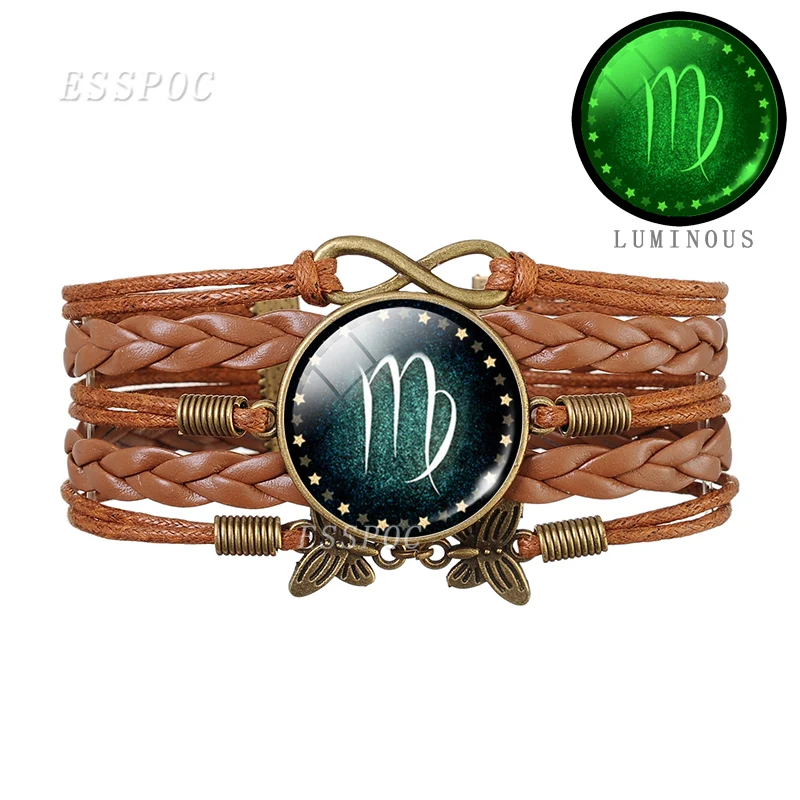 Светящийся в темноте браслет со знаком зодиака 12 созвездий стеклянный кабошон