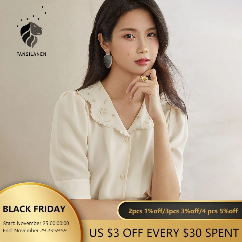 

FANSILANEN Embroidery Floral White Chiffon Blouse Shirt Women Puff Sleeve Vintage Summer Top Female V Neck Casual Shirt Clothing