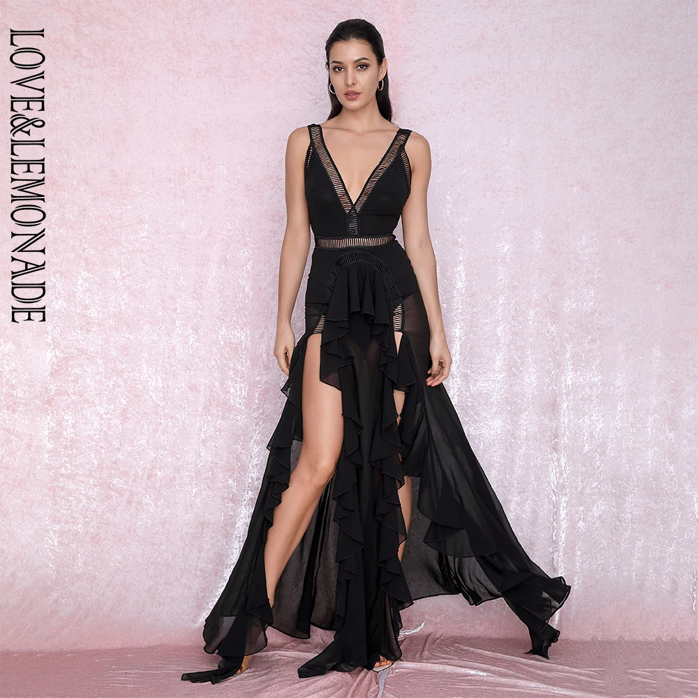 Женское длинное шифоновое платье LOVE & LEMONADE черное клетчатое с глубоким v образным