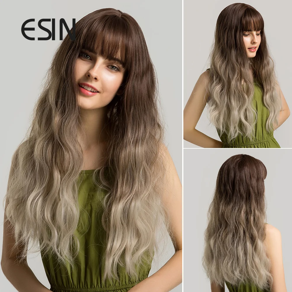 ESIN черные длинные волнистые парики с челкой для вечерние натуральный
