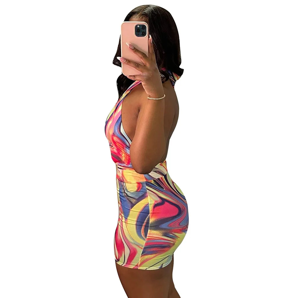 

RStylish Tie Dye Print Skinny Women Dresses Backless 2021 Summer Sexy Hollow Out Halter Sleeveless Bodycon Club Party Mini Dress