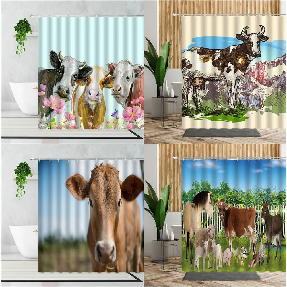 

Farm Animals Cow Shower Curtains Barn Harvest Grassland Rural Scenery Bathroom Decor Waterproof Bath Curtain Polyester With Hook