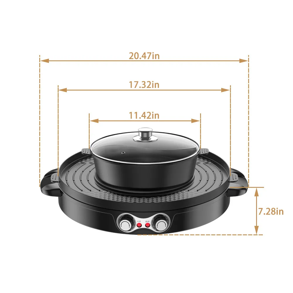 저렴한 2200W 전기 무연 그릴 및 냄비 그릴 44cm, 이중 온도 제어 분리형 실내 전기 한국 바베큐 샤브 냄비