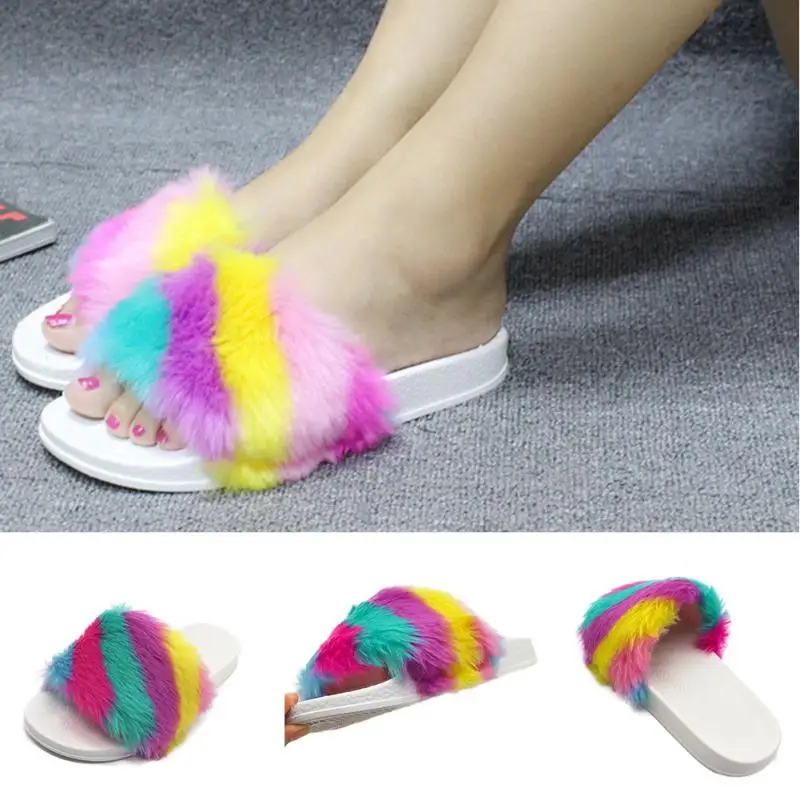 Женские разноцветные меховые пушистые тапочки Женская милая плюшевая повязка