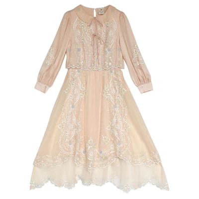 

LYNETTE'S CHINOISERIE Spring Autumn Original Design Women French Vintage Mori Girls Exquisite Embroidery Faux Twinset Dresses