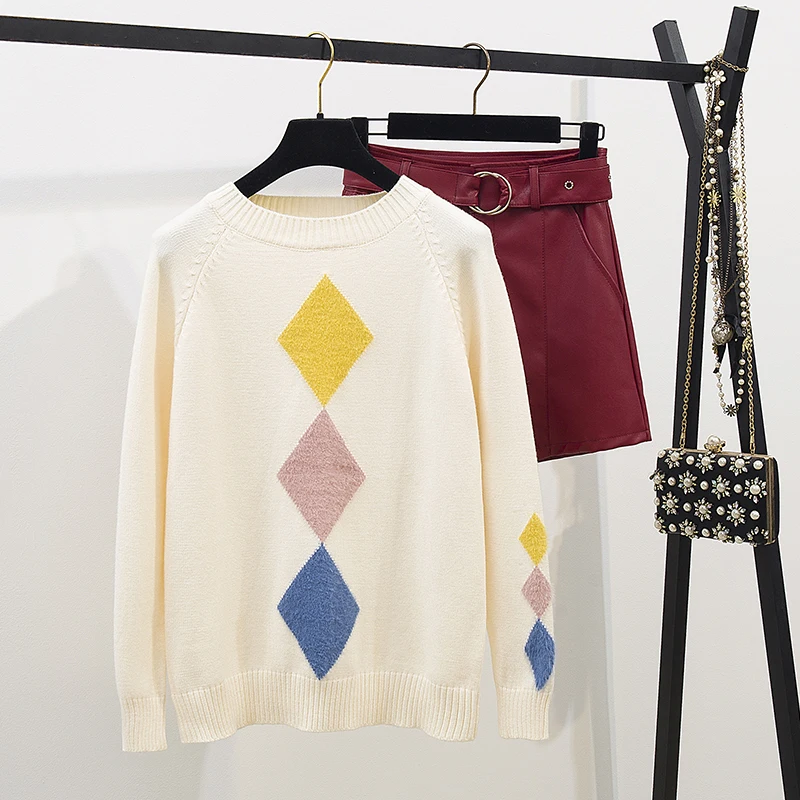Women Design Jacquard Sweater Institute Style New Autumn Winter Korean Fashion Joker Loose Knitted Top PU Leather Shorts Sweet |