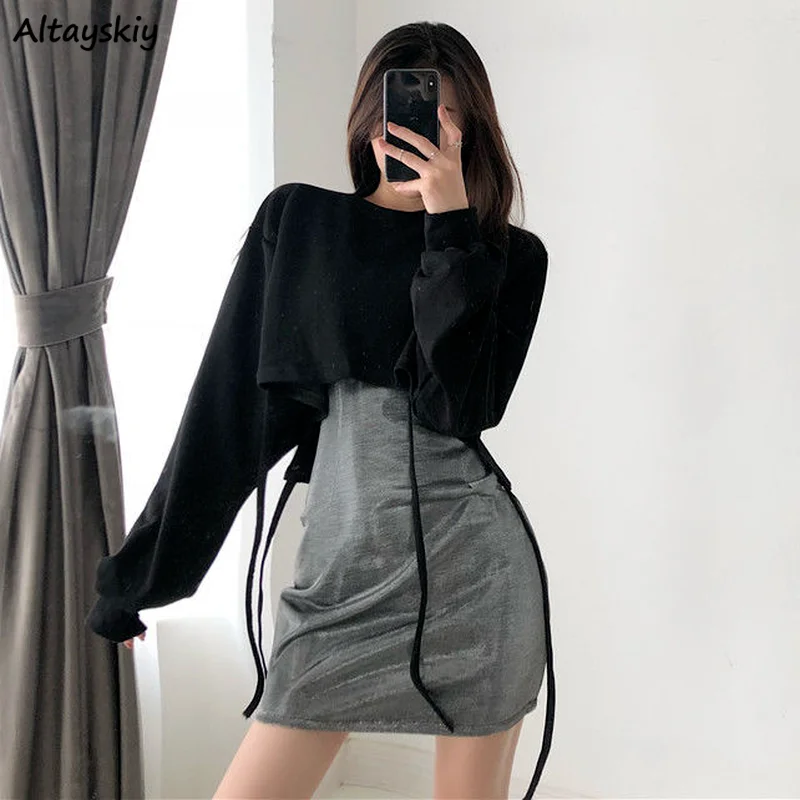 

Sweatshirts Women Autumn New Korean Style Loose Long Sleeve Cropped O-neck Black Design Fashion Sexy Bandage Simple All-match