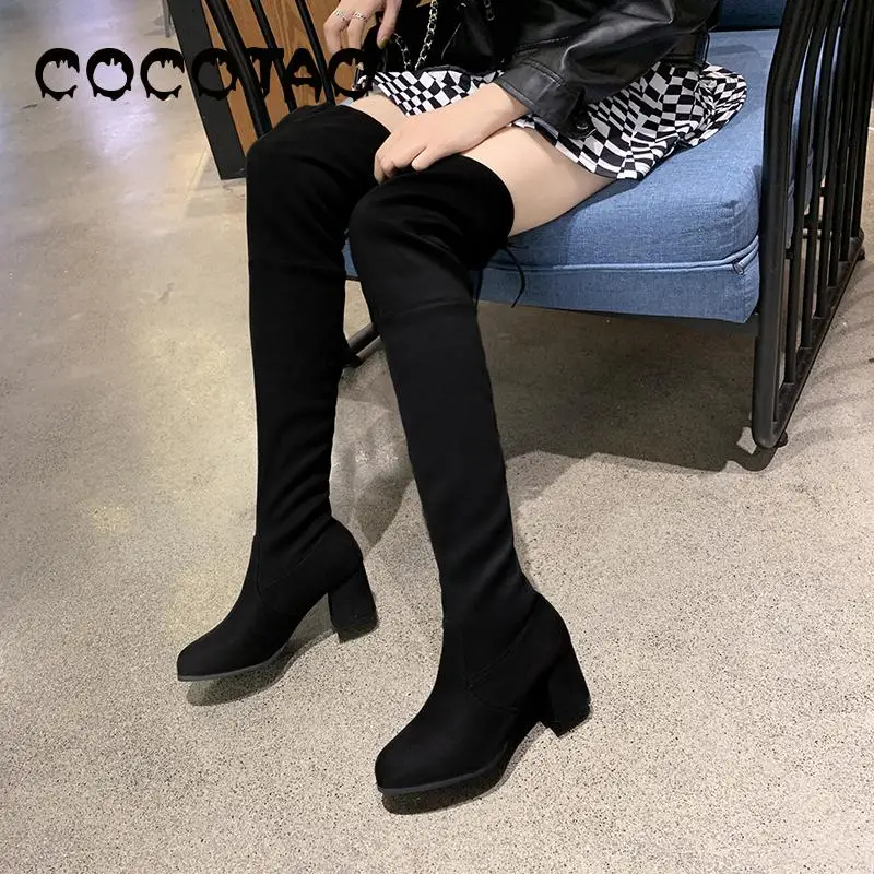 Женские замшевые ботфорты на высоком тонком каблуке эластичные высокие сапоги