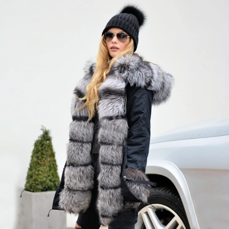 2022 Winter Fashion Silver Fox Fur Parka For Women With Big Hood Thick Warm Genuine Fox Fur Jacket With Rex Rabbit Fur Linning