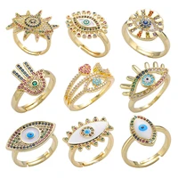 juya 18k real gold plated trendy micro pave zircon handmade greek evil eye rings for women men open adjustable rings supplies