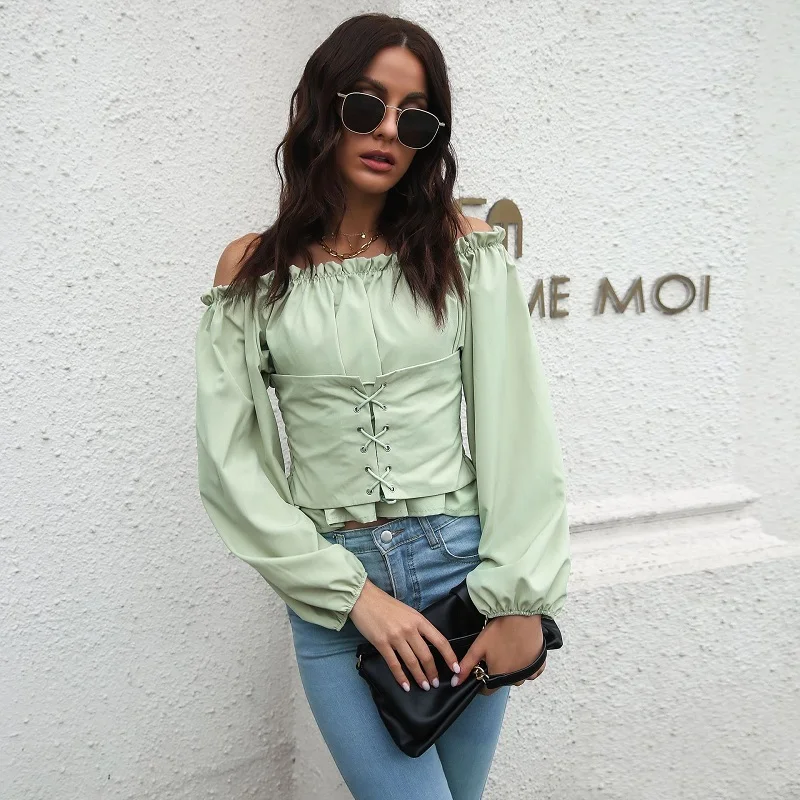 

Блузка женская с открытыми плечами и поясом, облегающий кроп-топ с оборками и длинным рукавом, пикантный Повседневный пуловер, на весну