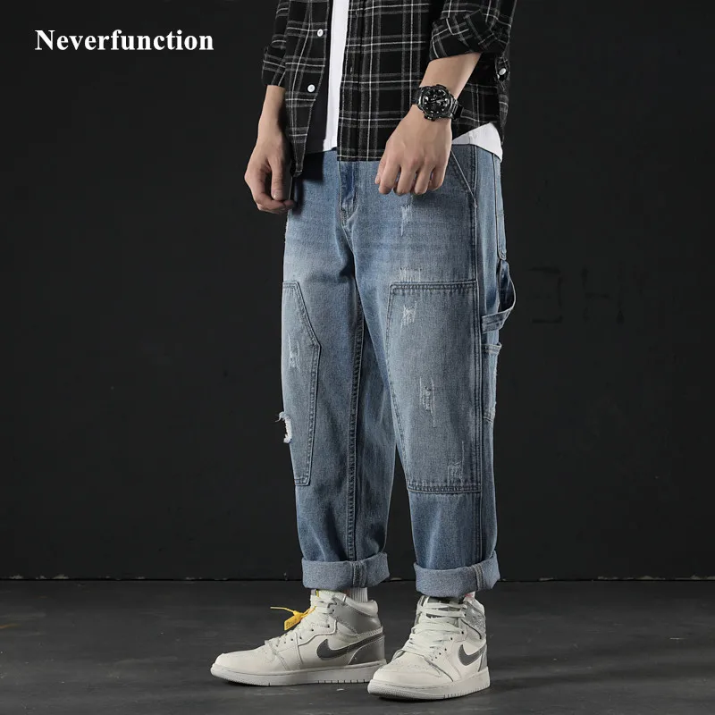 

2019 Fashion Men Vintage Destroyed Ripped Hip Hop Jeans Loose Streetwear Skateboard male Harem denim Straight beggar pants