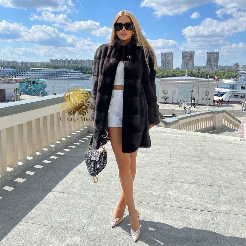 FURSARCAR 2021 New Arrival Real Fur Coat Natural Mink Fur Luxury Female Medium Jacket Thick Warm Winter Fashion Slim Overcoat