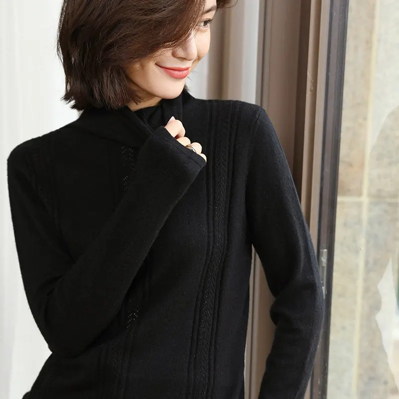 BELIARST Autumn and Winter New Pile of Cashmere Sweater Women's Pullover Sweater Was Thin Hollow Knit Bottoming Sweater - Цвет: Черный