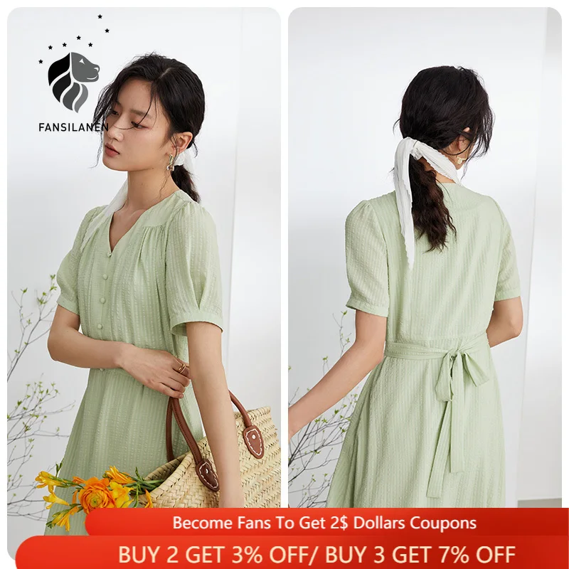 

FANSILANEN Office Lady French Niche High Waisted Puff Sleeve Dress Women 2021 Summer New Long Green A-line Fishtail Skirt