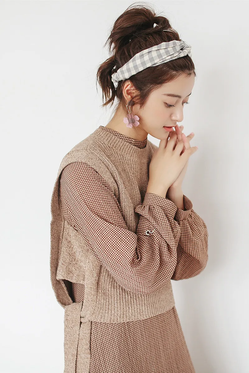 

JVACAKE Autumn Women's Long Sleeve Dress And Knitted Vest Sweater Sets Two Piece Suit Vintage Harajuku Korean Style Femal Ou