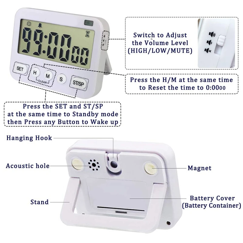 Digital Kitchen Timer Magnetic Cycle Count Down Large Display Memory Function 24-Hour Clock and Alarm with V |