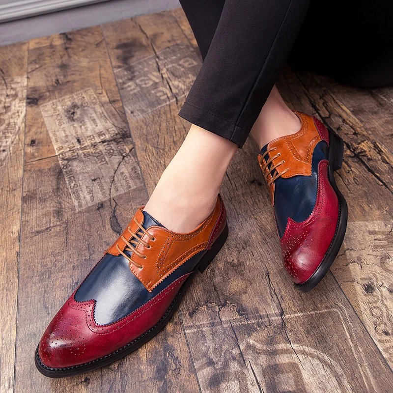 

HKIMDL Men Genuine Wingtip Leather Oxford Shoes Pointed Toe Laces Up Oxfords Dress Brogues Wedding Business Platform Shoes