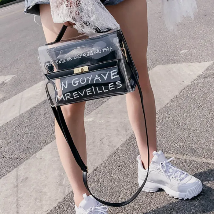 Women Composite Bags PVC Transparent Handbag Letters Printed PU Leather Purse Shoulder Bag-OPK