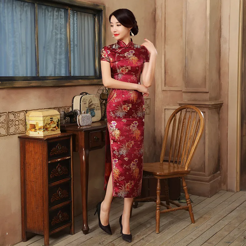 Восточное китайское платье, китайский халат, женское атласное Qipao Vestidos, длинное традиционное платье с цветочным принтом, вечерние платья с воротником-стойкой