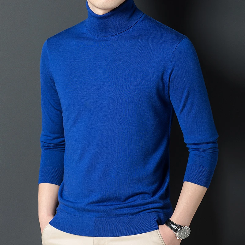 Top Grade 100% Merino Wool Tee Shirt Men's Thin Turtleneck Sweater Male Pure Wool Jumpers Solid Color High Collar Knit Tops