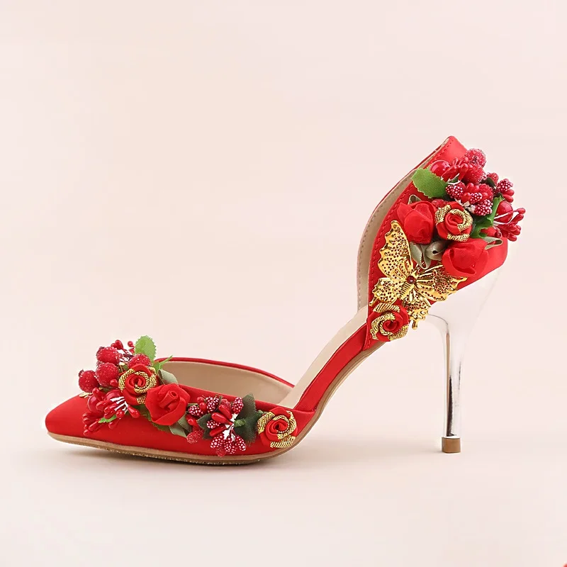 Red satin bride ultra high heel stiletto hollow flower dress wedding shoes female sandals 2019 summer new style | Обувь